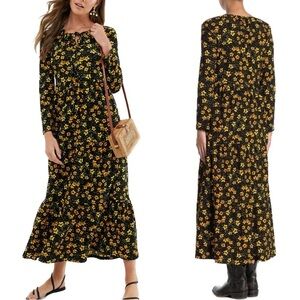 Free people Tiers Of Joy Floral Boho Midi Dress Medium Black Long Sleeve Prairie